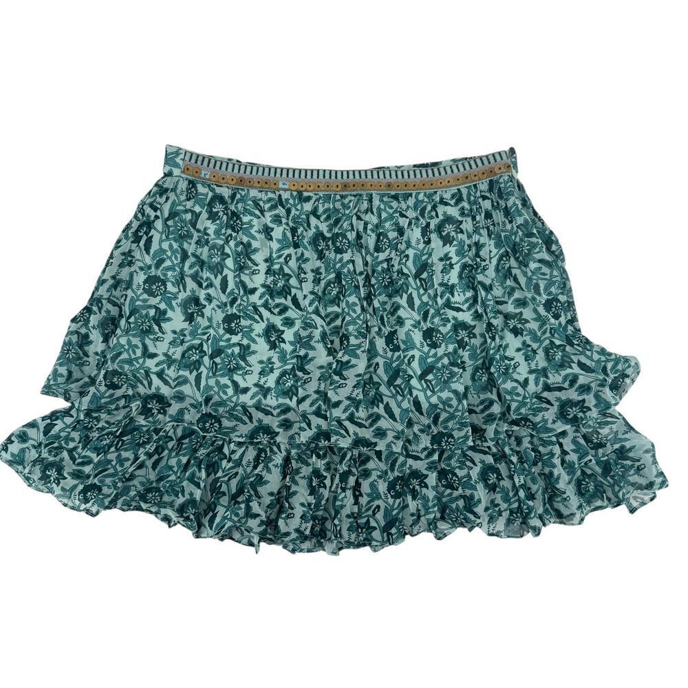 Anthropologie NIKASHA Mini Skirt Tiered Floral Beaded Size S Blue Green Boho